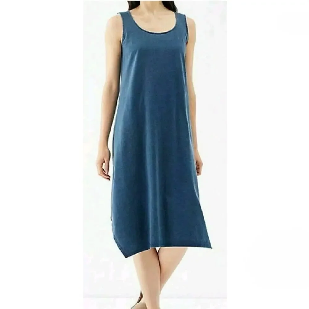 J.JILL Pure Jill Indigo Denim Chambray Blue Cotton Swing Midi Dress Spring Sz XS - Picture 10 of 11